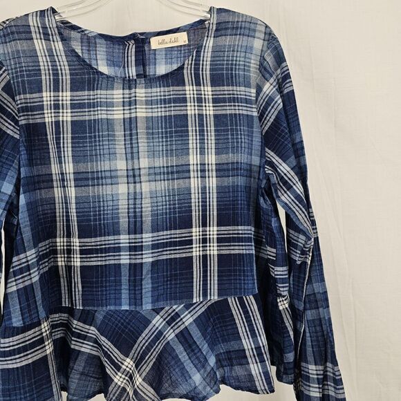Bella Dahl Plaid Button Back Peplum Top Blue Plaid Women's Size Medium - Picture 4 of 5